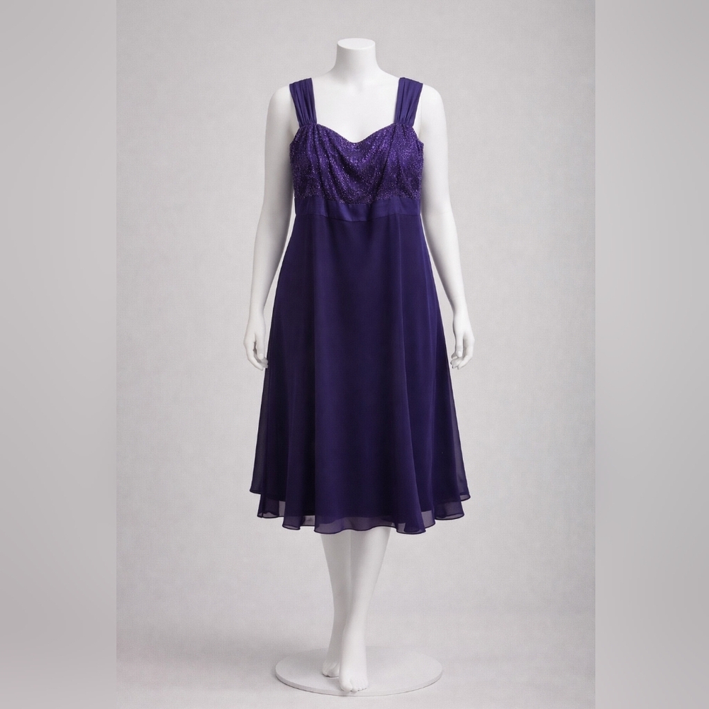 14W LeBos Sheer Sparkle Embellished Wedding Party Cocktail Midi Dress - Picture 3 of 6